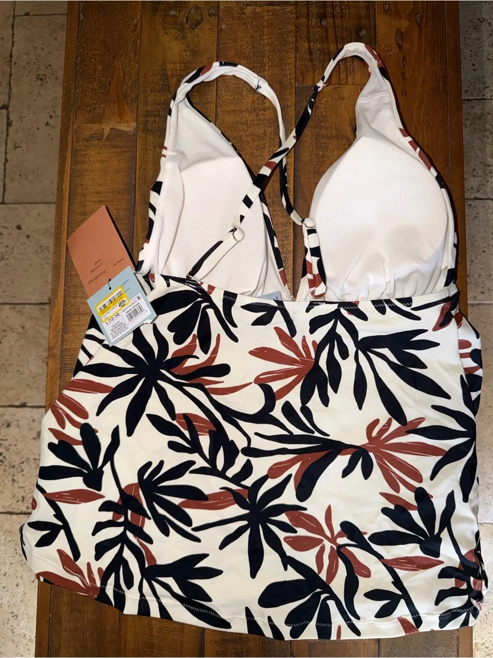 Shade & Shore Cream Halter Tankini Top with Black & Rust Floral Print